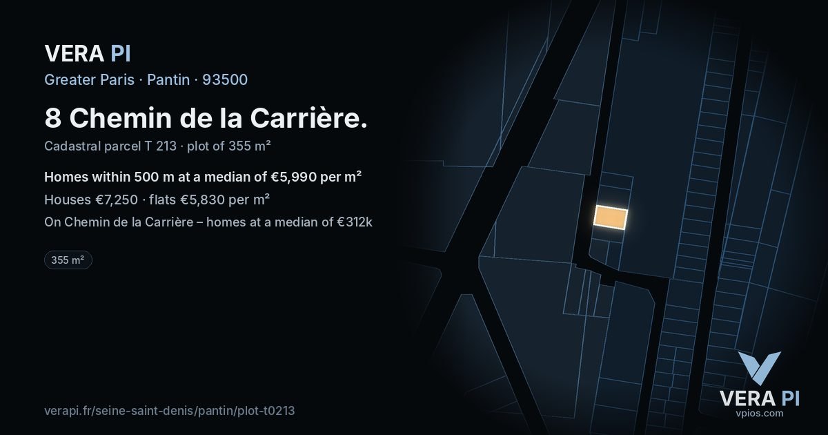 8 Chemin de la Carrière, Pantin at night – the plot lit, the parcels around coloured by the prices near them