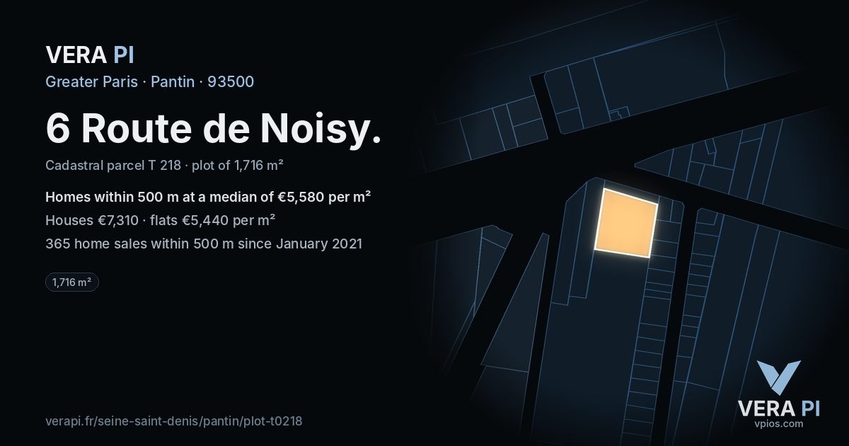 6 Route de Noisy, Pantin at night – the plot lit, the parcels around coloured by the prices near them