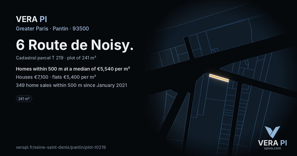 6 Route de Noisy, Pantin at night – the plot lit, the parcels around coloured by the prices near them