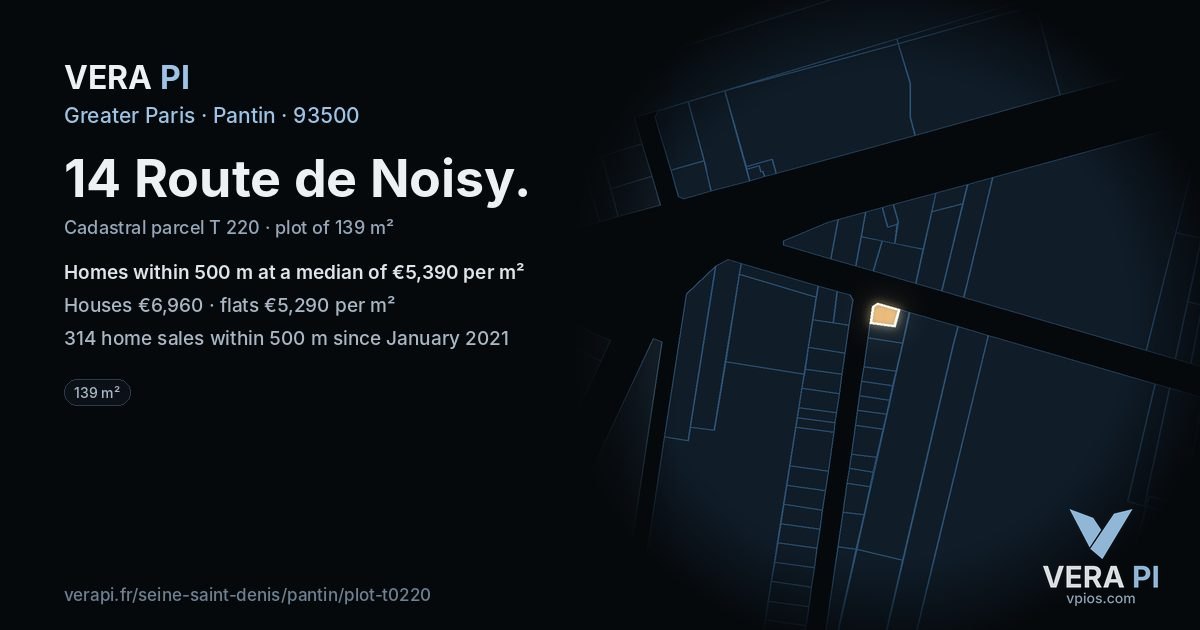 14 Route de Noisy, Pantin at night – the plot lit, the parcels around coloured by the prices near them