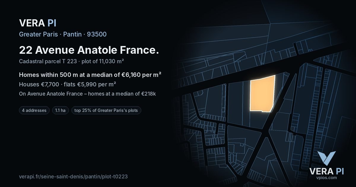 22 Avenue Anatole France, Pantin at night – the plot lit, the parcels around coloured by the prices near them