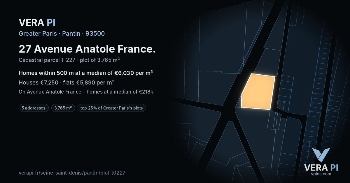 27 Avenue Anatole France, Pantin at night – the plot lit, the parcels around coloured by the prices near them