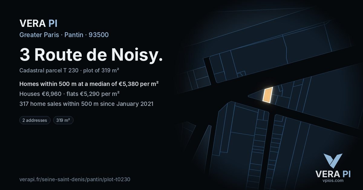 3 Route de Noisy, Pantin at night – the plot lit, the parcels around coloured by the prices near them