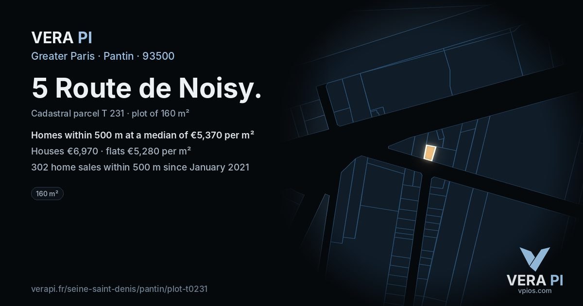 5 Route de Noisy, Pantin at night – the plot lit, the parcels around coloured by the prices near them