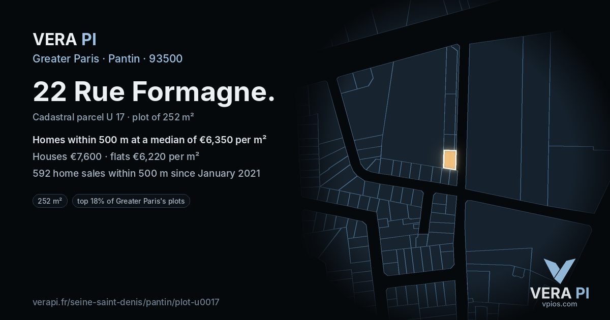22 Rue Formagne, Pantin at night – the plot lit, the parcels around coloured by the prices near them