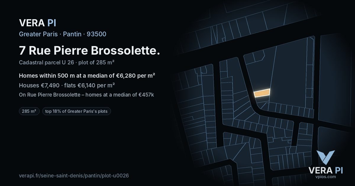 7 Rue Pierre Brossolette, Pantin at night – the plot lit, the parcels around coloured by the prices near them