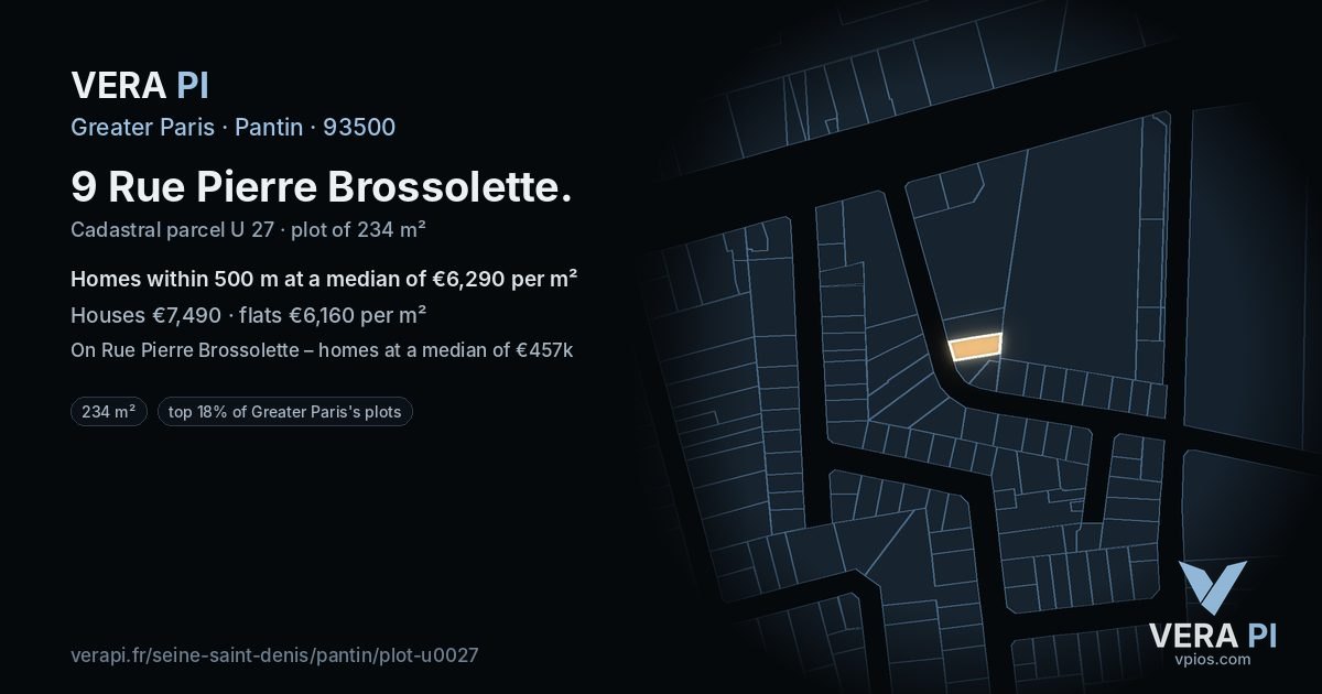 9 Rue Pierre Brossolette, Pantin at night – the plot lit, the parcels around coloured by the prices near them