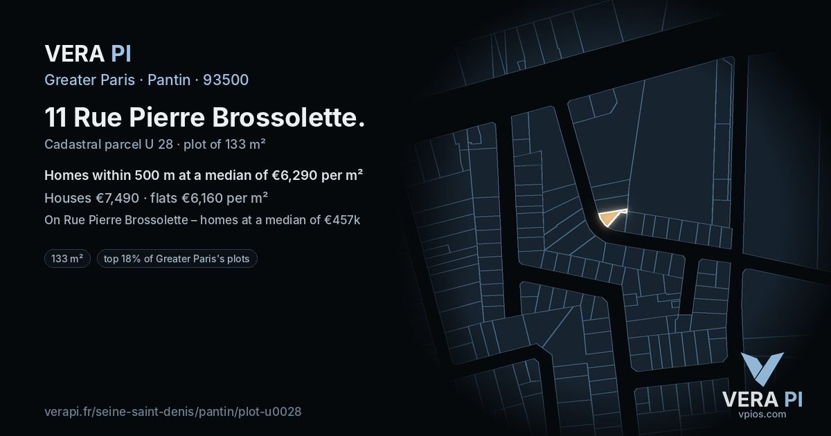 11 Rue Pierre Brossolette, Pantin at night – the plot lit, the parcels around coloured by the prices near them