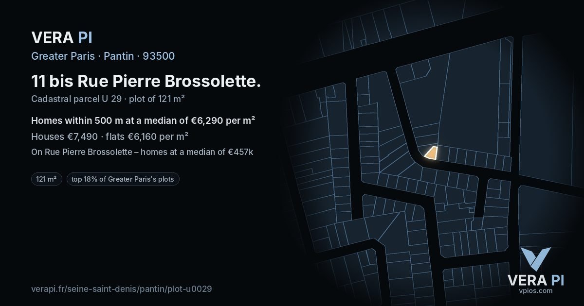 11 bis Rue Pierre Brossolette, Pantin at night – the plot lit, the parcels around coloured by the prices near them