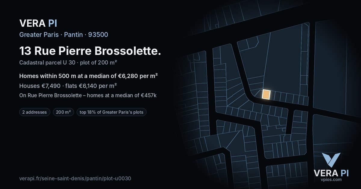 13 Rue Pierre Brossolette, Pantin at night – the plot lit, the parcels around coloured by the prices near them