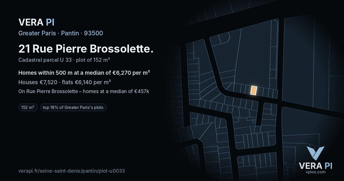 21 Rue Pierre Brossolette, Pantin at night – the plot lit, the parcels around coloured by the prices near them