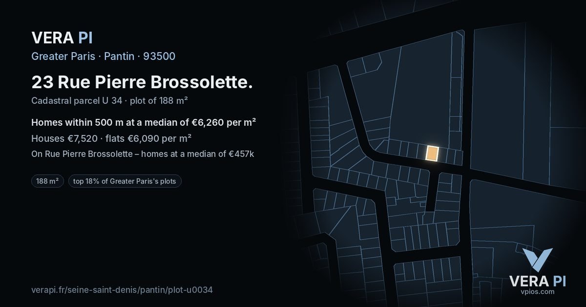 23 Rue Pierre Brossolette, Pantin at night – the plot lit, the parcels around coloured by the prices near them