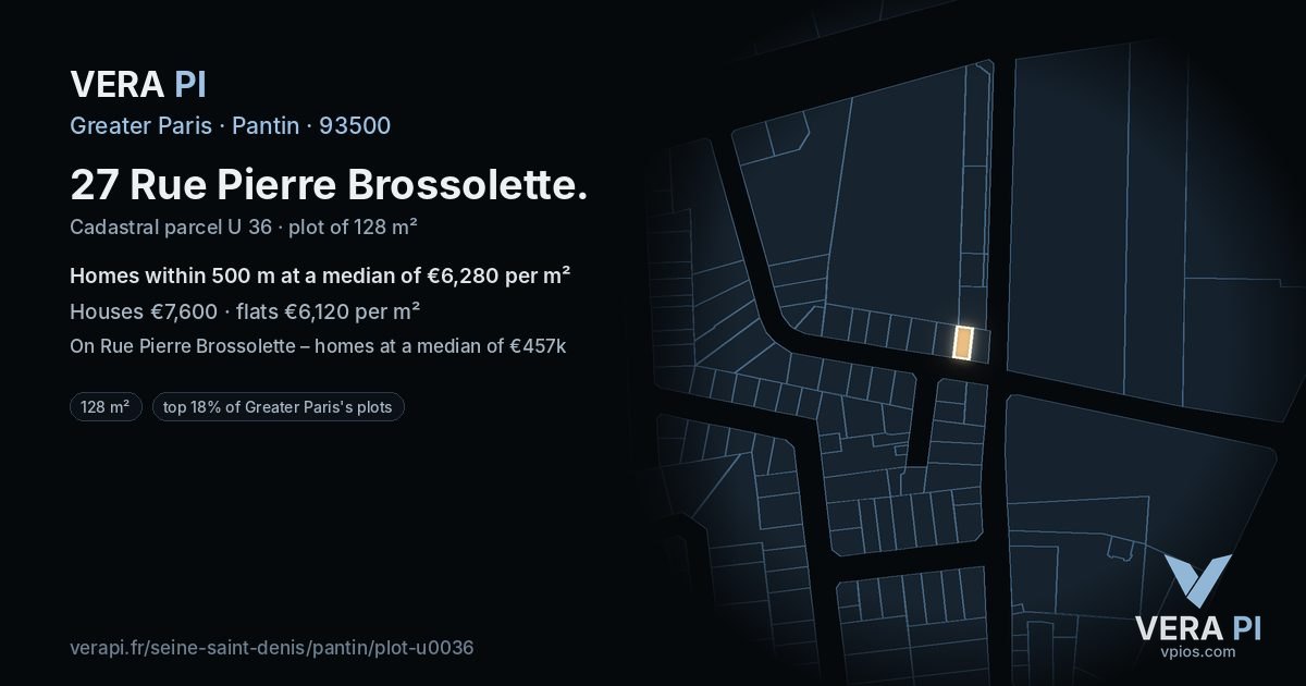 27 Rue Pierre Brossolette, Pantin at night – the plot lit, the parcels around coloured by the prices near them