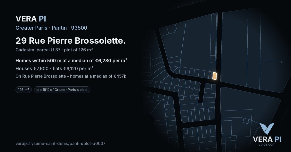 29 Rue Pierre Brossolette, Pantin at night – the plot lit, the parcels around coloured by the prices near them