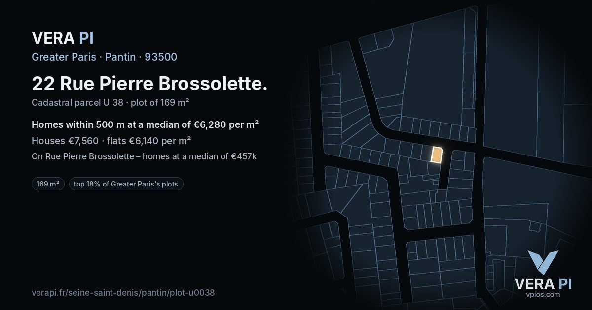 22 Rue Pierre Brossolette, Pantin at night – the plot lit, the parcels around coloured by the prices near them