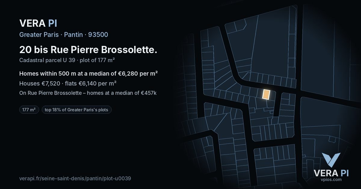 20 bis Rue Pierre Brossolette, Pantin at night – the plot lit, the parcels around coloured by the prices near them