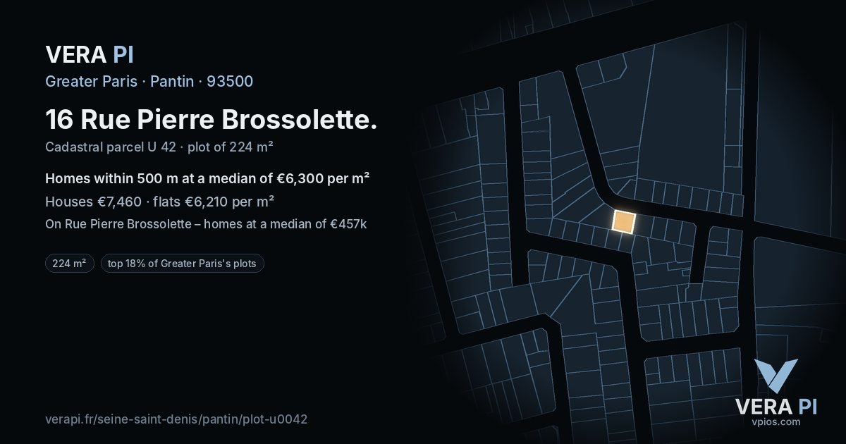 16 Rue Pierre Brossolette, Pantin at night – the plot lit, the parcels around coloured by the prices near them
