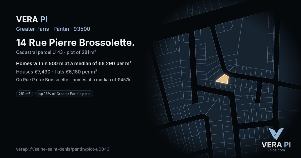 14 Rue Pierre Brossolette, Pantin at night – the plot lit, the parcels around coloured by the prices near them
