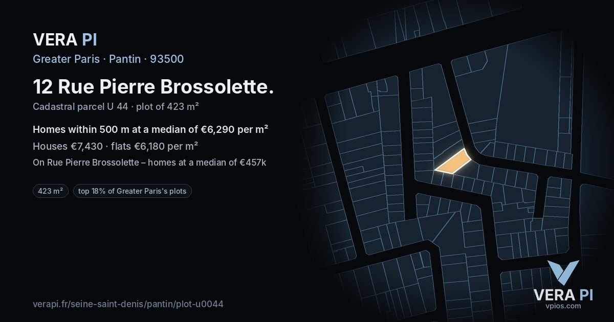 12 Rue Pierre Brossolette, Pantin at night – the plot lit, the parcels around coloured by the prices near them