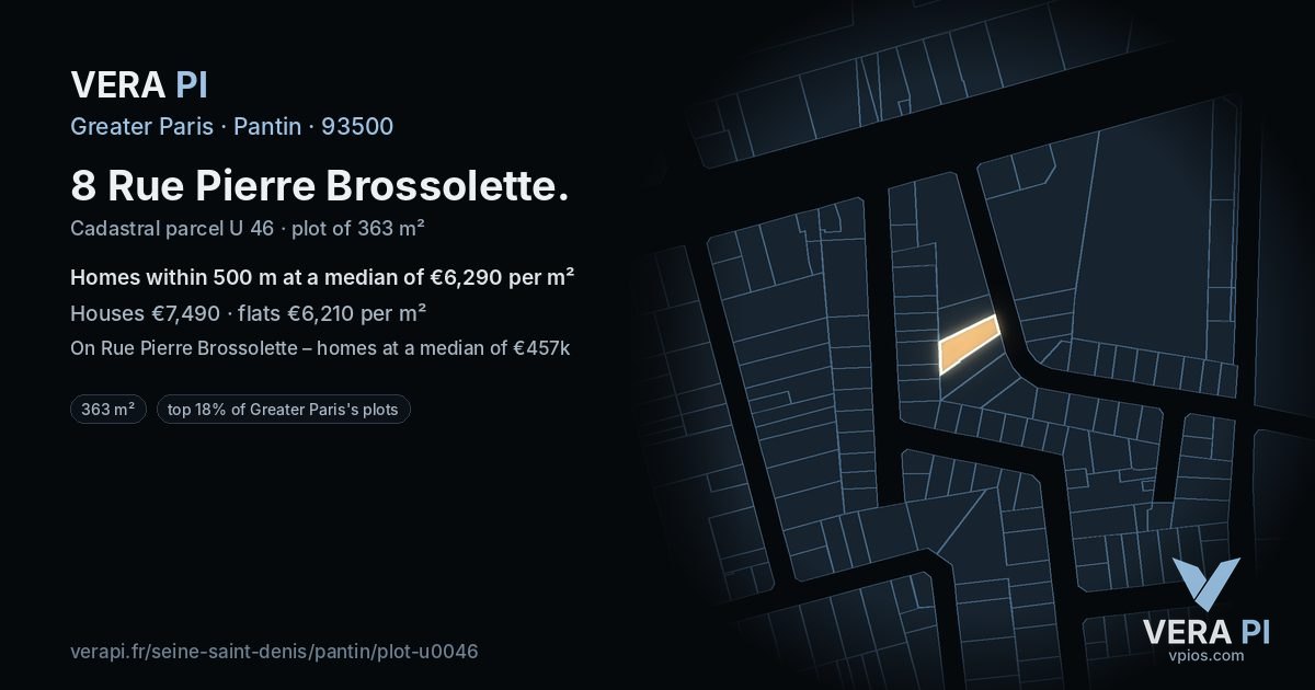 8 Rue Pierre Brossolette, Pantin at night – the plot lit, the parcels around coloured by the prices near them