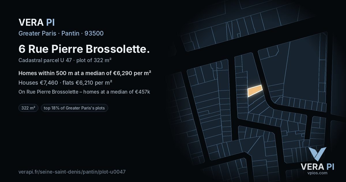 6 Rue Pierre Brossolette, Pantin at night – the plot lit, the parcels around coloured by the prices near them