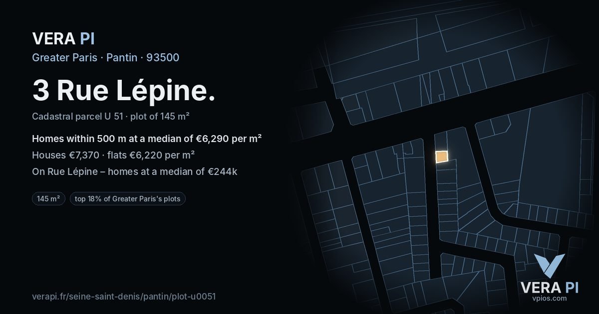 3 Rue Lépine, Pantin at night – the plot lit, the parcels around coloured by the prices near them