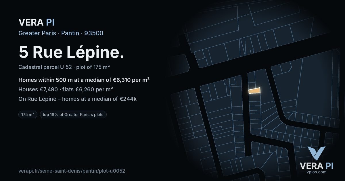 5 Rue Lépine, Pantin at night – the plot lit, the parcels around coloured by the prices near them