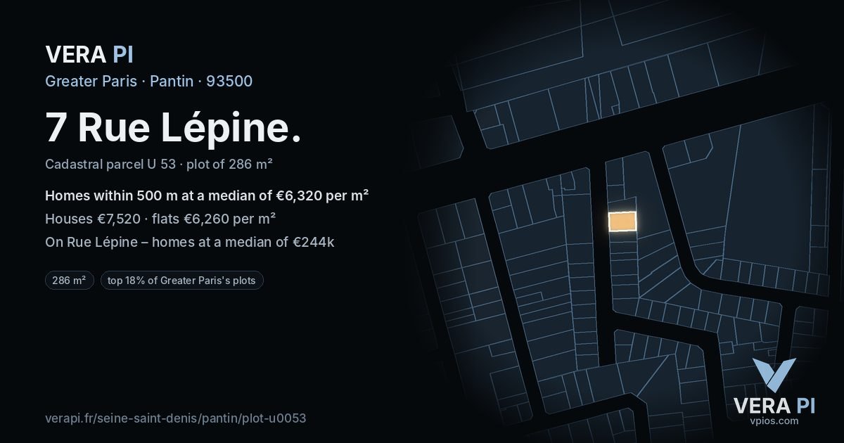 7 Rue Lépine, Pantin at night – the plot lit, the parcels around coloured by the prices near them