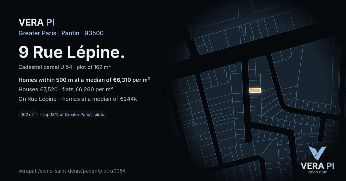 9 Rue Lépine, Pantin at night – the plot lit, the parcels around coloured by the prices near them