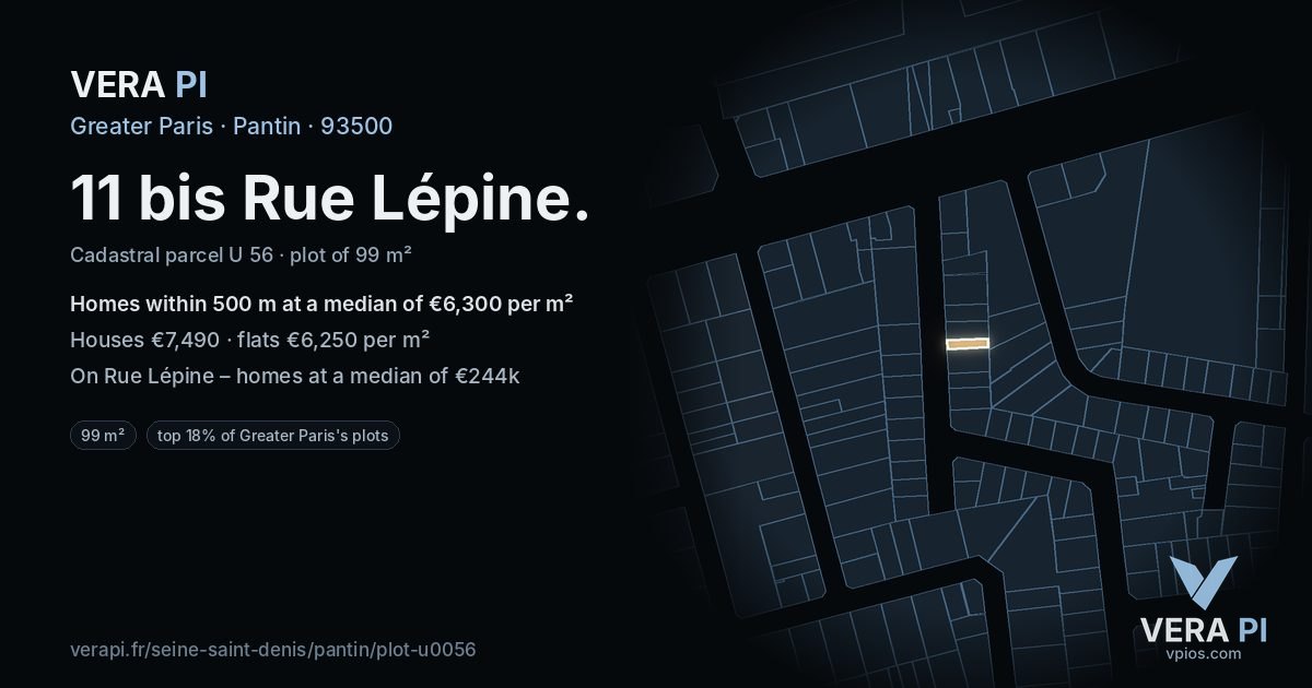 11 bis Rue Lépine, Pantin at night – the plot lit, the parcels around coloured by the prices near them