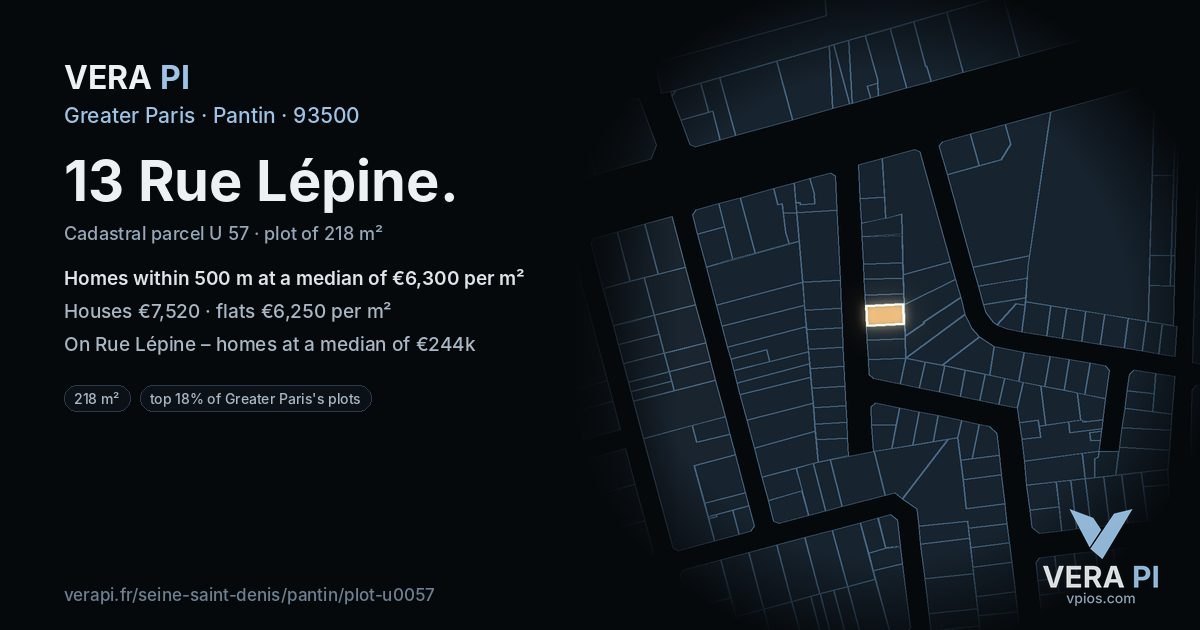 13 Rue Lépine, Pantin at night – the plot lit, the parcels around coloured by the prices near them