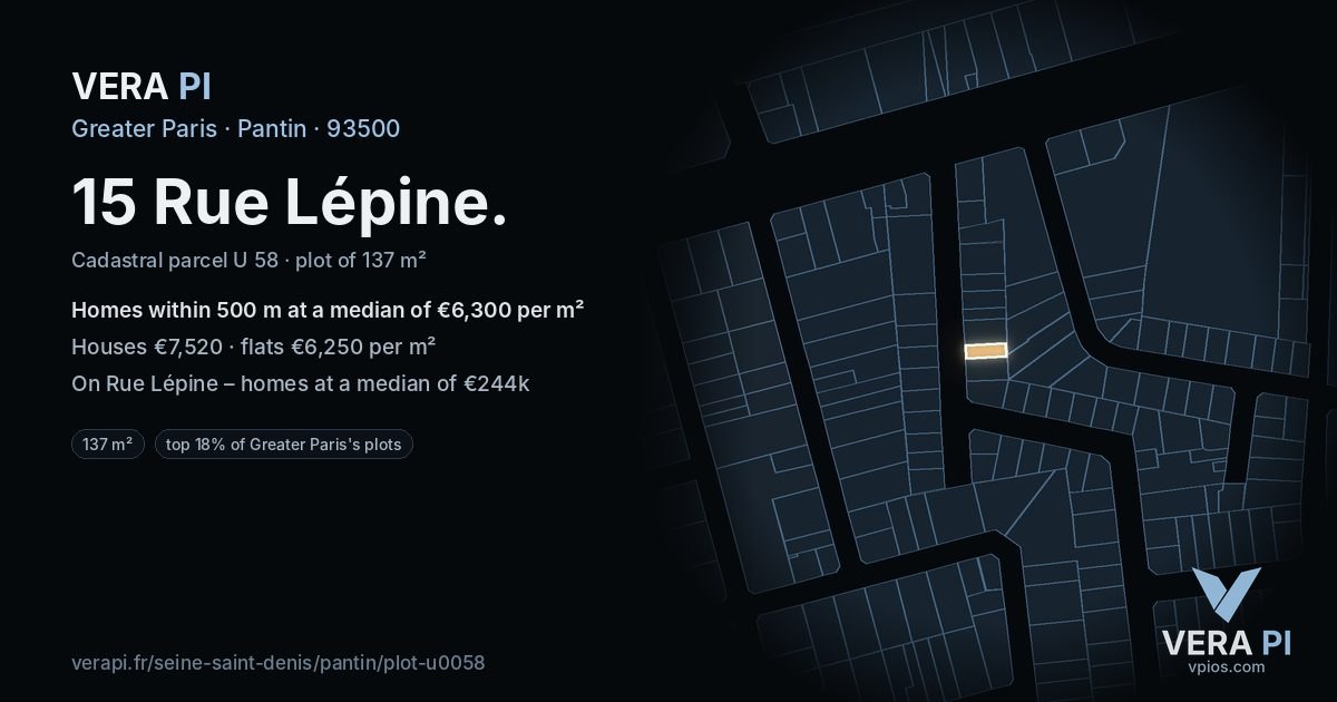 15 Rue Lépine, Pantin at night – the plot lit, the parcels around coloured by the prices near them