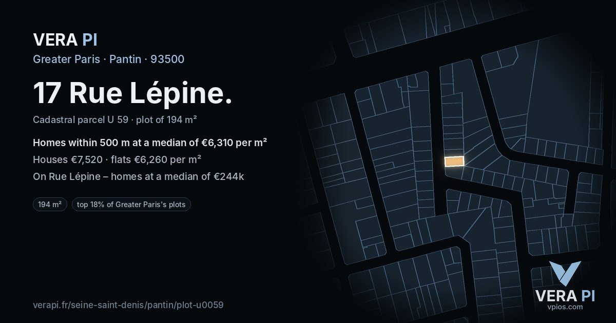 17 Rue Lépine, Pantin at night – the plot lit, the parcels around coloured by the prices near them