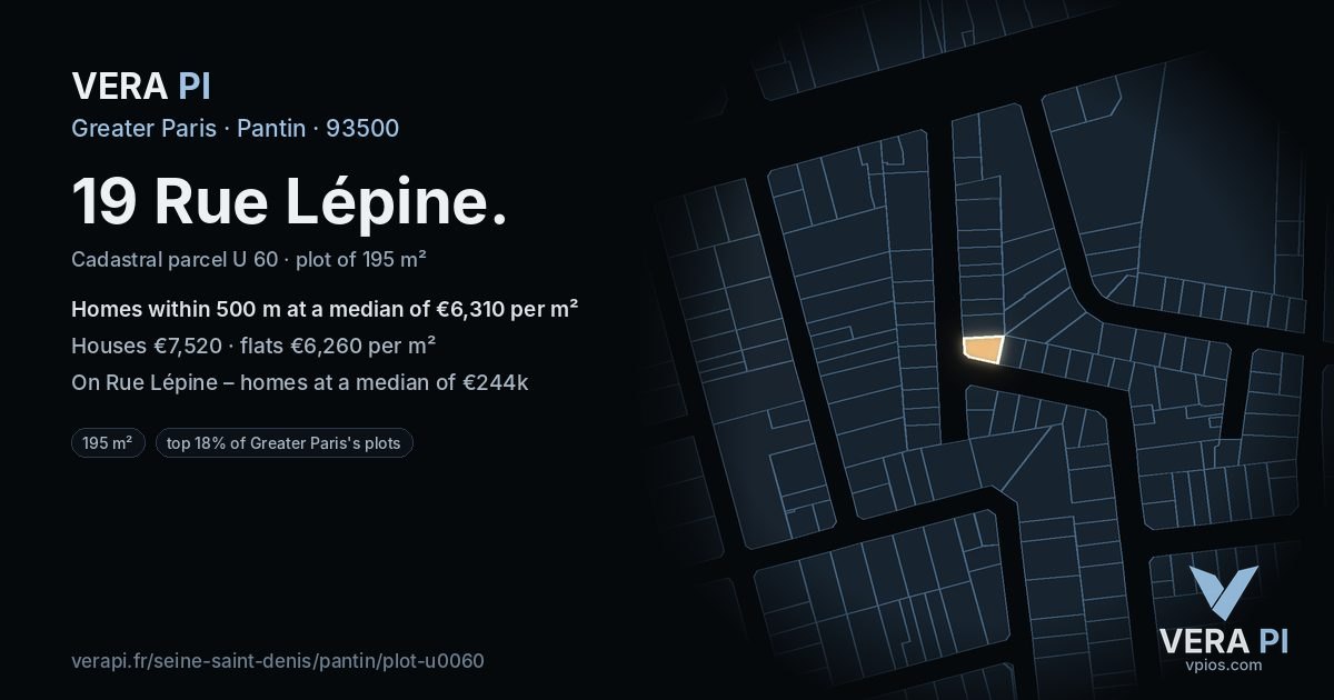 19 Rue Lépine, Pantin at night – the plot lit, the parcels around coloured by the prices near them