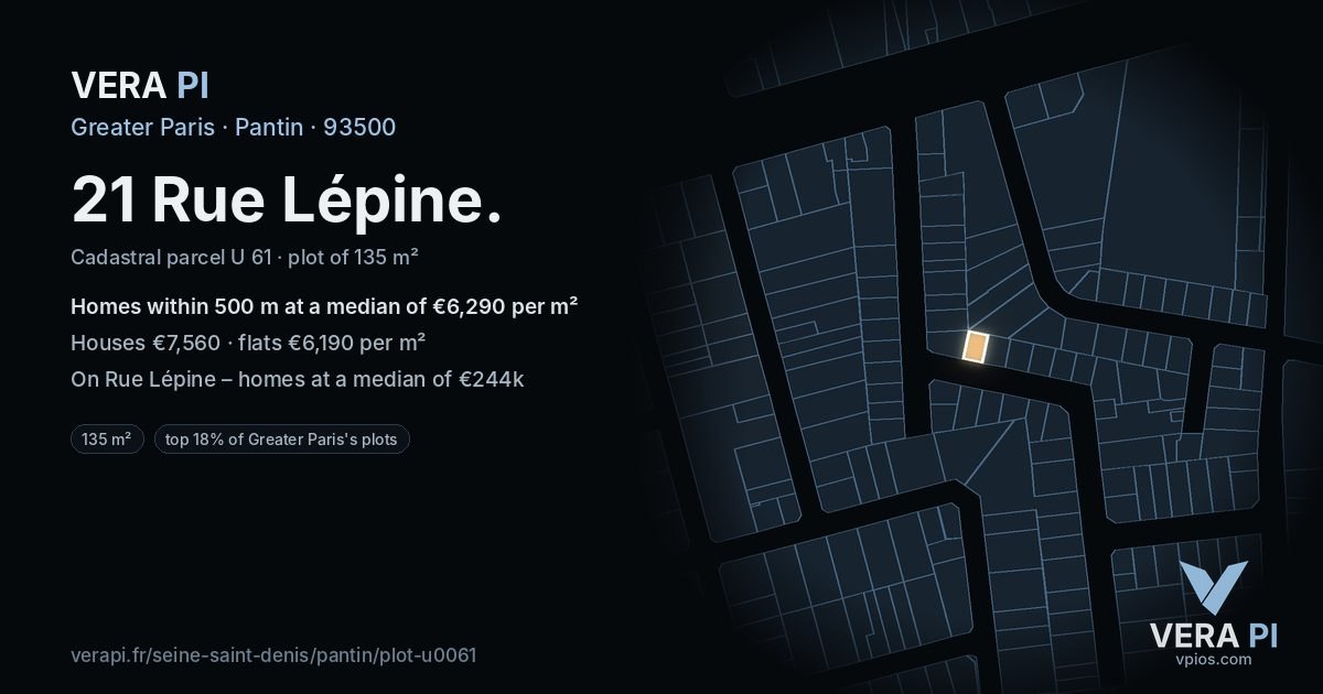 21 Rue Lépine, Pantin at night – the plot lit, the parcels around coloured by the prices near them