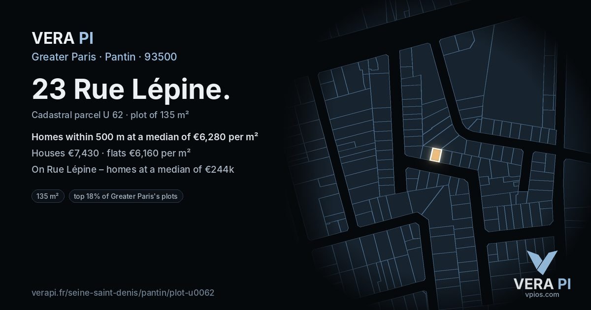 23 Rue Lépine, Pantin at night – the plot lit, the parcels around coloured by the prices near them