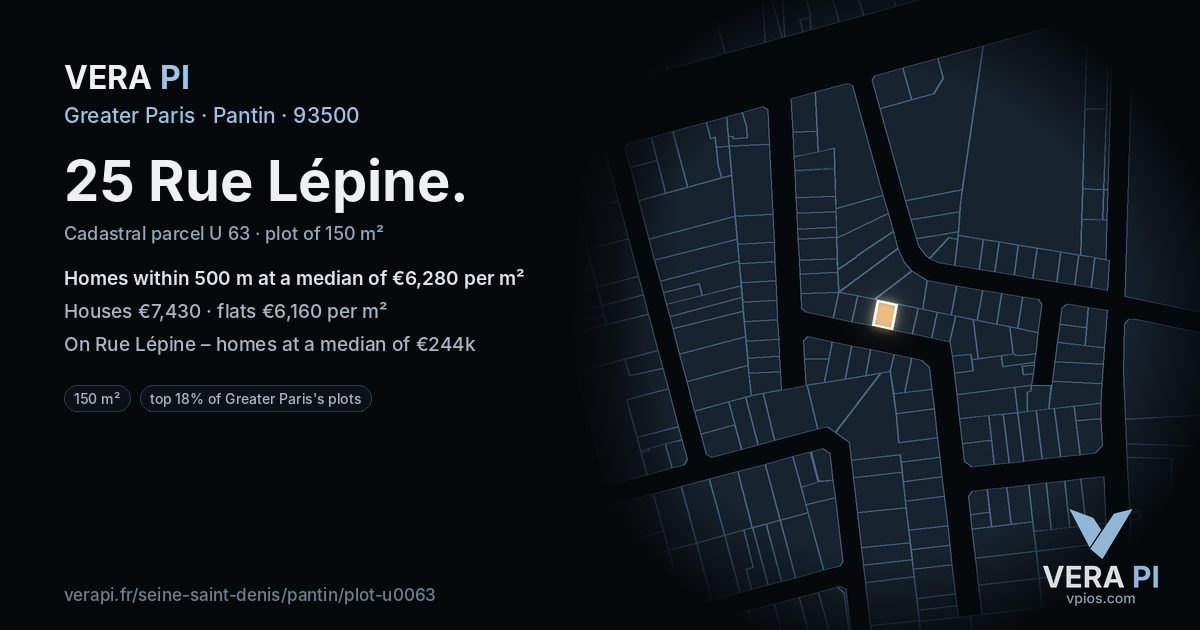 25 Rue Lépine, Pantin at night – the plot lit, the parcels around coloured by the prices near them