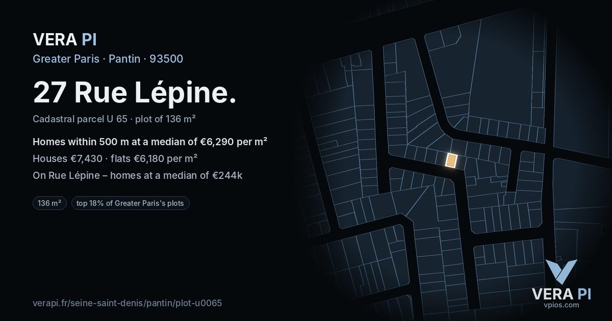 27 Rue Lépine, Pantin at night – the plot lit, the parcels around coloured by the prices near them