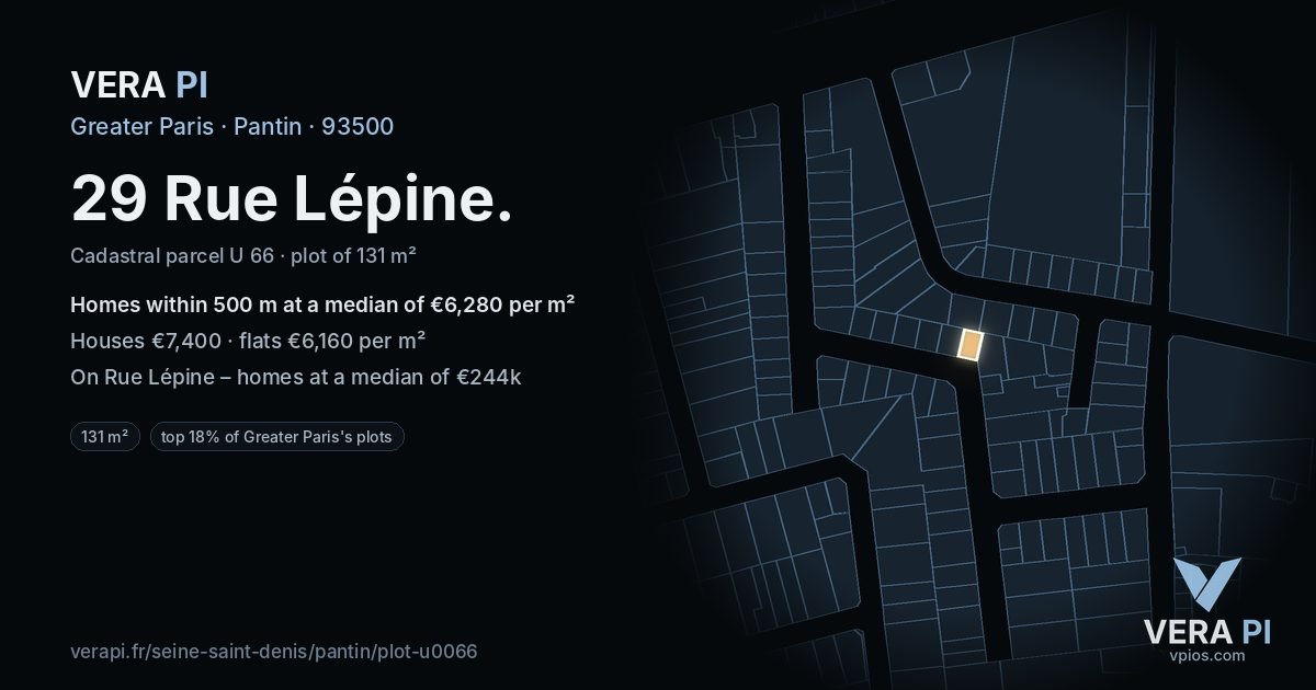 29 Rue Lépine, Pantin at night – the plot lit, the parcels around coloured by the prices near them