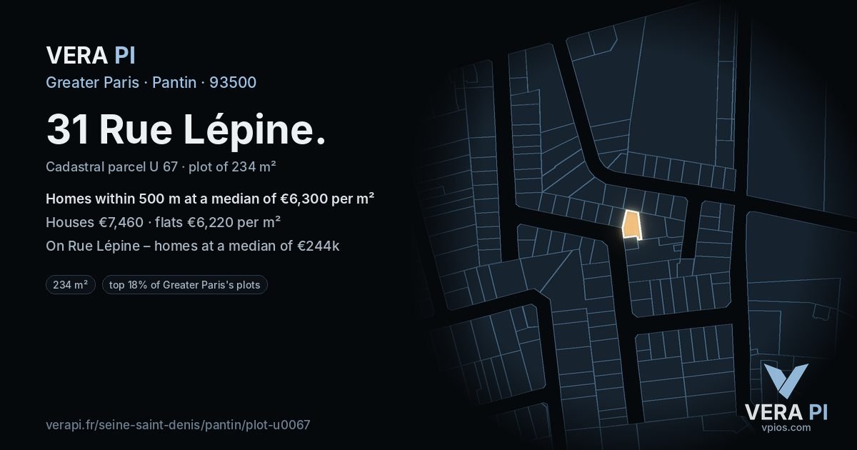 31 Rue Lépine, Pantin at night – the plot lit, the parcels around coloured by the prices near them