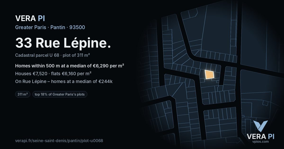 33 Rue Lépine, Pantin at night – the plot lit, the parcels around coloured by the prices near them