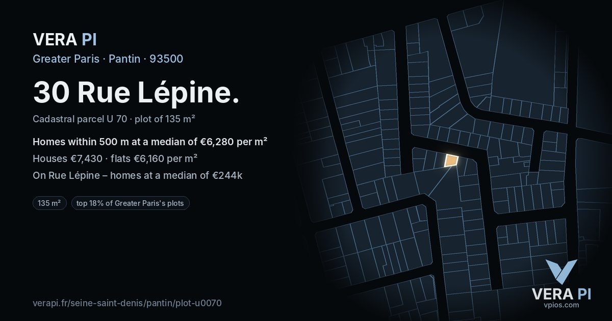 30 Rue Lépine, Pantin at night – the plot lit, the parcels around coloured by the prices near them