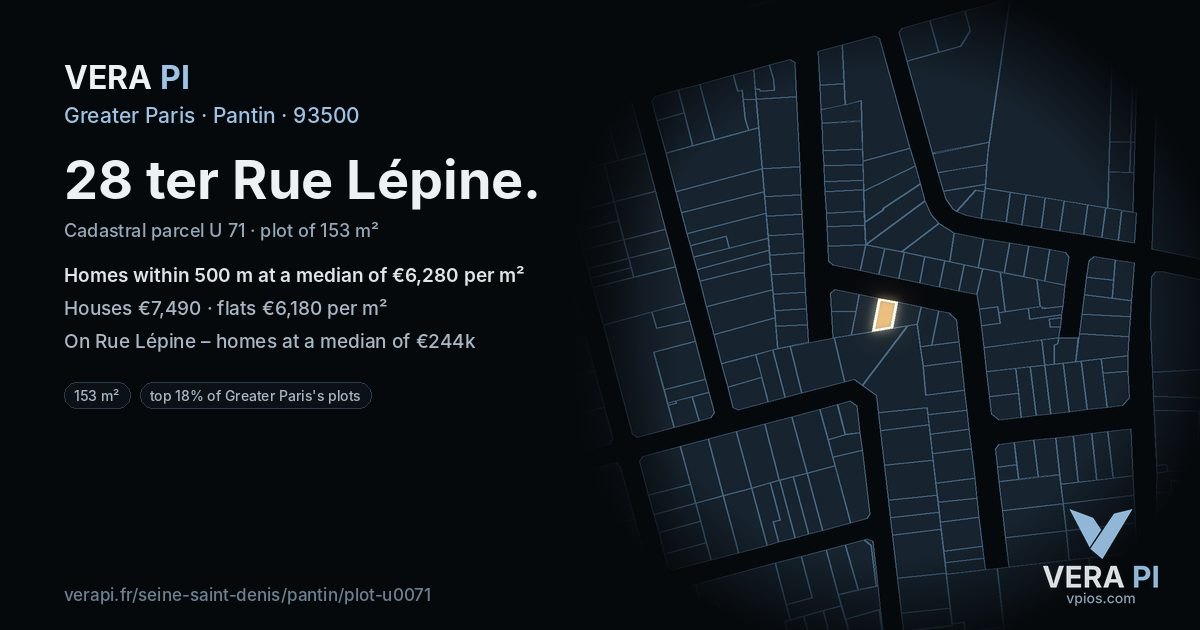 28 ter Rue Lépine, Pantin at night – the plot lit, the parcels around coloured by the prices near them
