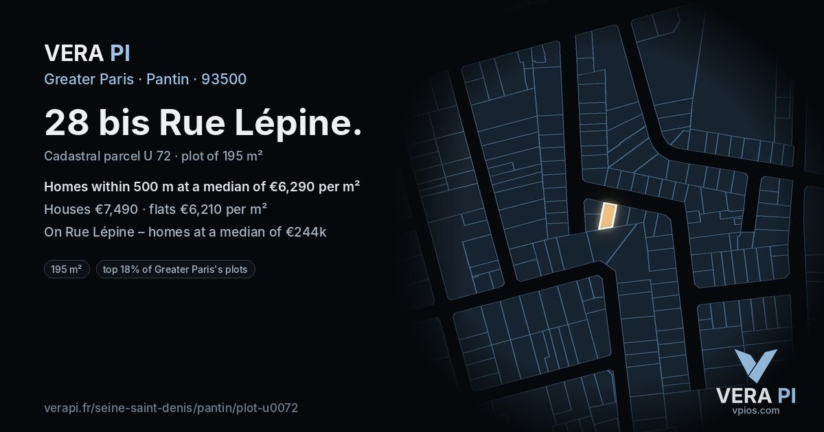 28 bis Rue Lépine, Pantin at night – the plot lit, the parcels around coloured by the prices near them