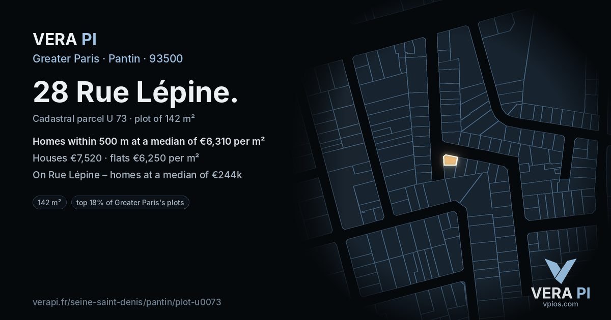 28 Rue Lépine, Pantin at night – the plot lit, the parcels around coloured by the prices near them