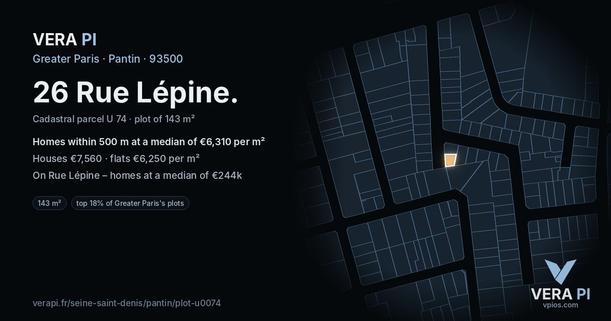 26 Rue Lépine, Pantin at night – the plot lit, the parcels around coloured by the prices near them