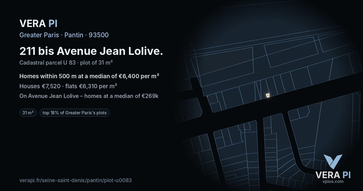 211 bis Avenue Jean Lolive, Pantin at night – the plot lit, the parcels around coloured by the prices near them