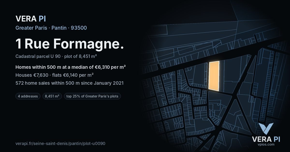 1 Rue Formagne, Pantin at night – the plot lit, the parcels around coloured by the prices near them