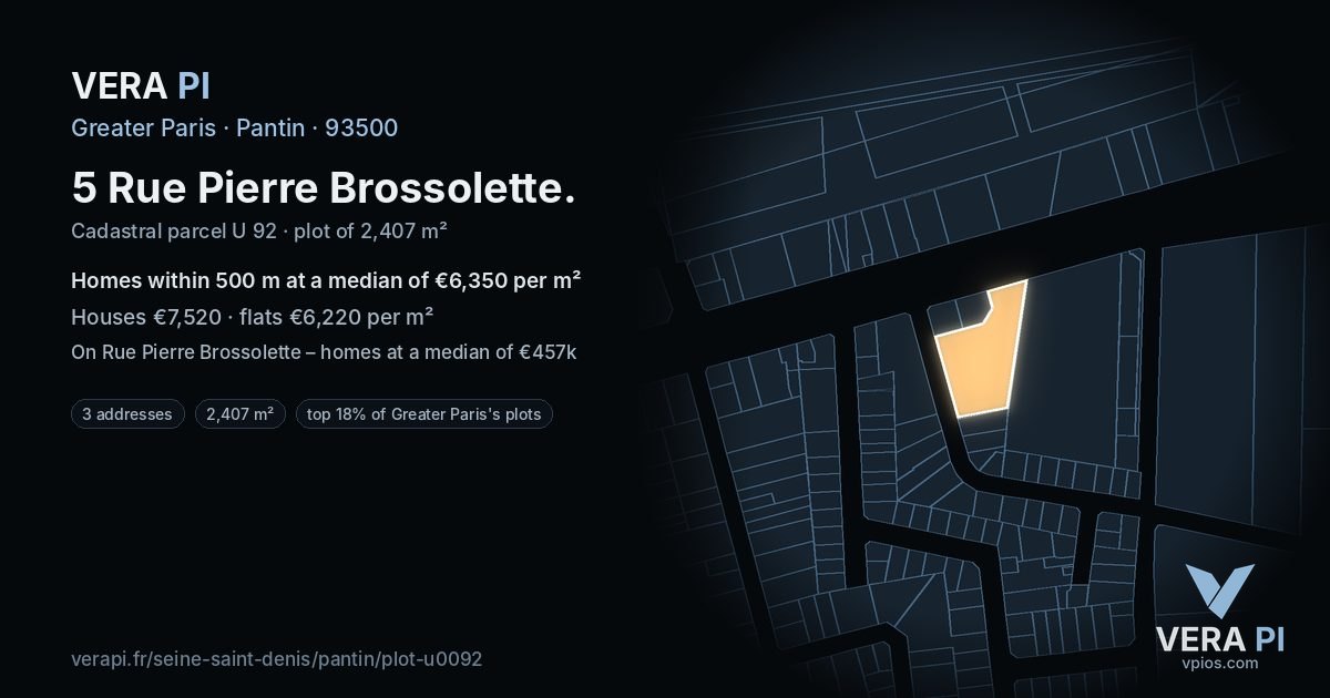 5 Rue Pierre Brossolette, Pantin at night – the plot lit, the parcels around coloured by the prices near them