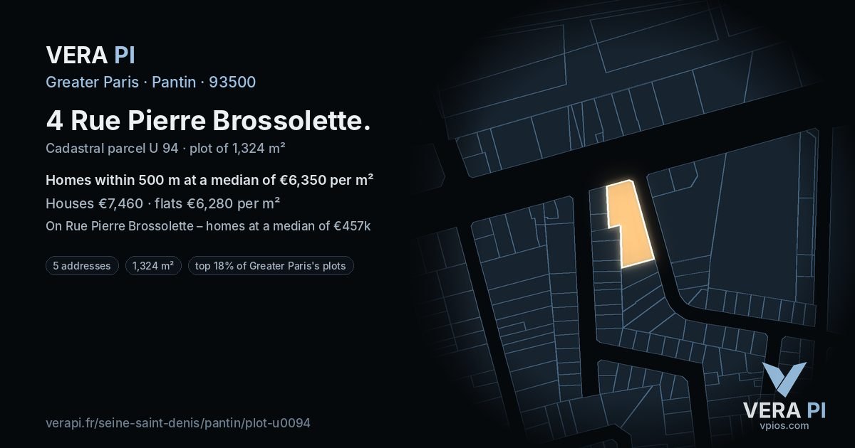 4 Rue Pierre Brossolette, Pantin at night – the plot lit, the parcels around coloured by the prices near them